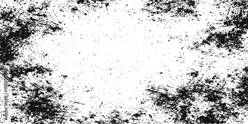 An abstract black and white grunge background features a dirty ink splash and paint splatter pattern with dark spray stains and a dusty texture on an old wall vector illustration