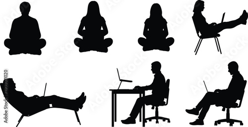 Black Silhouette Vector Collection of People Working on Laptops in Various Poses Including Sitting Cross Legged, Reclining, and At Desks.