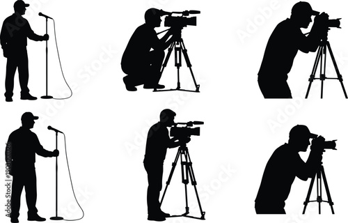 Black Silhouette Vector Collection of Media Professionals Including Cameramen with Tripods, Photographers, and Singers with Microphones for Video Production Designs.
