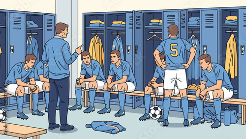 Professional football team listens intently to their coach in the locker room during a strategy meeting before the big game.
