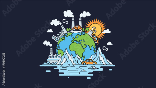 Environmental illustration showing the impact of carbon dioxide emissions on the Earth with melting glaciers and factories.