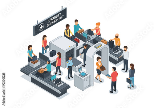 People undergoing security screening at airport security checkpoint with scanners and luggage