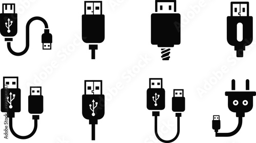 Black vector silhouette icon set of various USB cables charging connectors and power plugs for technology hardware connectivity and branding