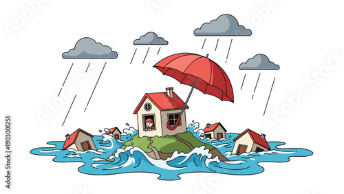 Conceptual image of a house on a small island protected by a large umbrella during a catastrophic flood with rising water.