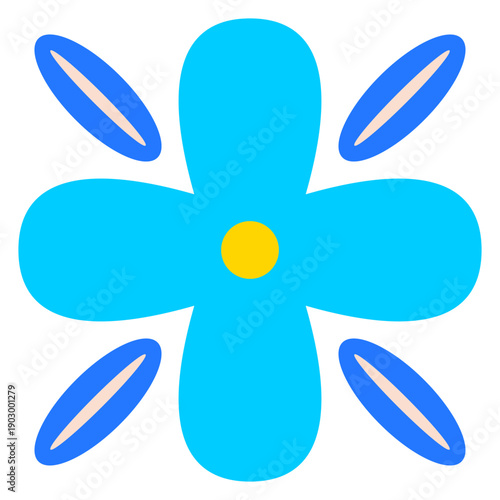 Simple stylized blue flower with yellow center and blue petal accents symmetrical motif graphic