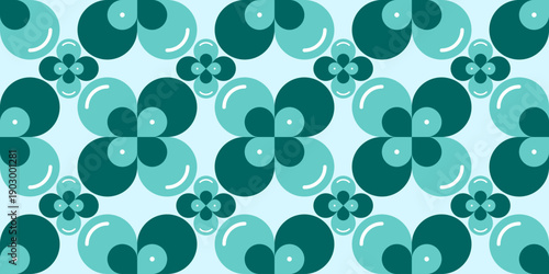 Teal and light blue abstract geometric seamless pattern with repeating clover shapes and circles