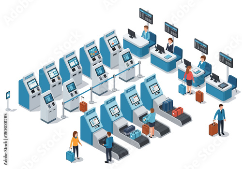 People working at multiple computer stations in a modern office environment from an aerial viewpoint