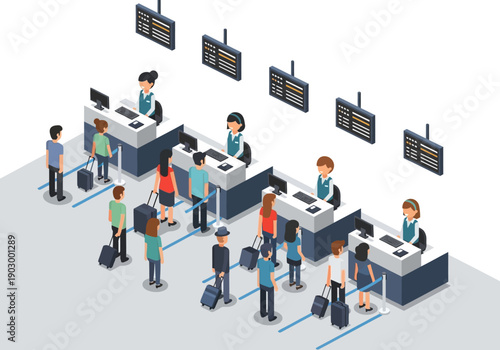 Busy airport check-in scene with multiple travelers and staff at counters from an overhead viewpoint