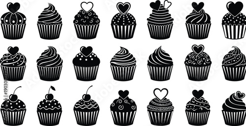 Black vector silhouette icon set of various sweet cupcakes and muffins with hearts and cherries for bakery cafe branding,