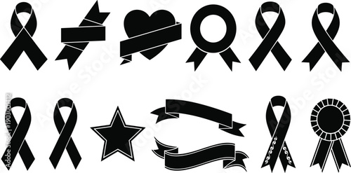 Black vector silhouette set of awareness ribbons and award medals for concepts of charity support victory success and commemorative branding,
