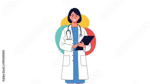 Confident female doctor wearing a white lab coat and stethoscope holds a clipboard against a colorful abstract background.