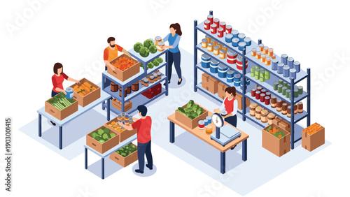 Isometric view of volunteer workers in a food warehouse sorting through various canned goods and fresh produce for donation.