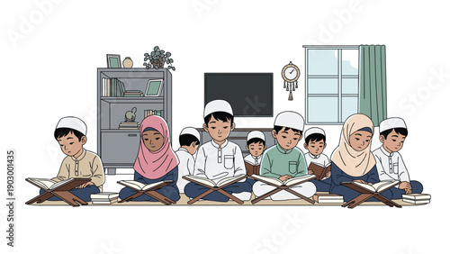 Group of young Muslim students wearing traditional caps and hijabs read books together in a bright and tidy classroom.