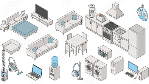 Large collection of isometric household icons including various furniture pieces, kitchen appliances, and electronics.