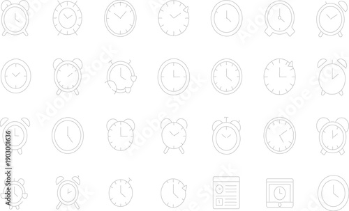 Vector outline clock and alarm clock icon set, time management, schedule, deadline, timer symbols isolated on white