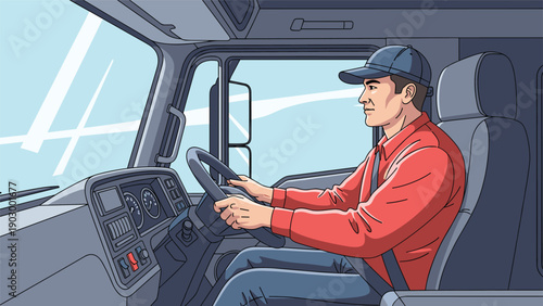 Male truck driver wearing a red shirt and a cap focuses on the road while steering a large vehicle on a long journey.