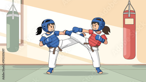 Two young martial artists in protective headgear and chest plates practice sparring with kicks in a bright training gym.