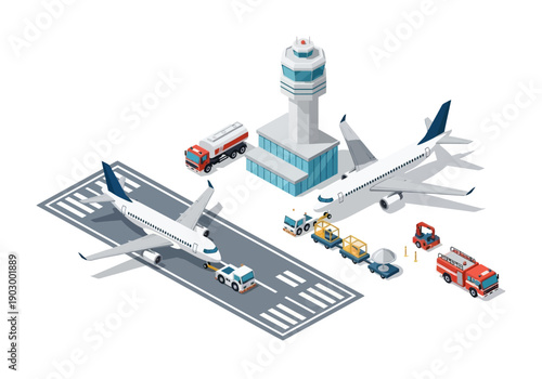 Airplanes on the runway with control tower and airport vehicles in action from an aerial viewpoint