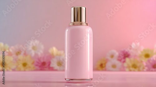 Elegant pink cosmetic bottle with gold cap and flowers