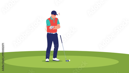 Male golfer stands on a green putting green clutching his lower back in pain after a swing on a white background.