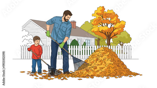 Father and his young son work together to rake a large pile of colorful autumn leaves in front of their suburban home and fence.