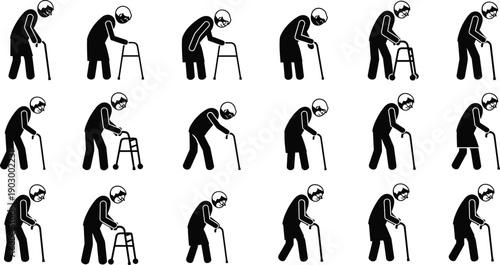 Black vector silhouette set of elderly people using walkers and canes for concepts of geriatric care mobility assistance and senior health