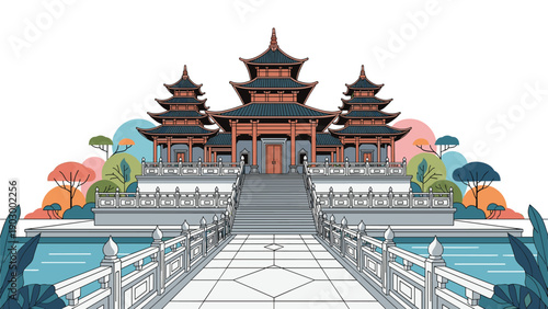 Majestic traditional Asian temple architecture features tiered roofs and ornate details situated over a calm water pond with a bridge.