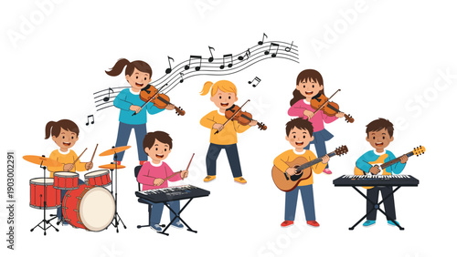 Diverse group of young children joyfully play musical instruments including violins, guitars, keyboard, and drums together.