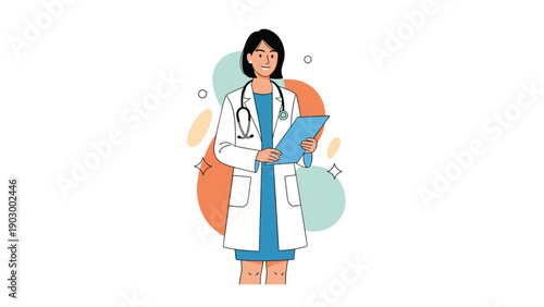 Professional female doctor wearing a white coat and stethoscope stands holding a medical clipboard in front of an abstract background.