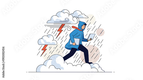 Person wearing a raincoat runs through a heavy thunderstorm with a laptop while lightning strikes and clouds surround them.