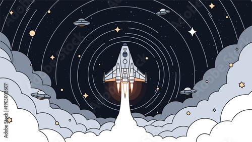 Advanced spaceship travels through a swirling wormhole in deep space with stars, planets, and ufo sightings in the distance.