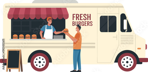 Food truck burger vendor serving fresh burgers to customer street fast food business flat vector illustration concept