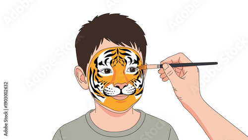Little boy receives a tiger face painting from a professional artist with a small brush on a plain white background.