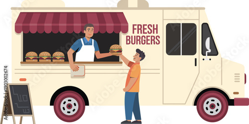 Food truck vendor serving fresh burgers to customer street fast food scene mobile restaurant flat vector illustration concept