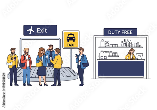 Travelers gathered at airport exit, waiting in line at duty-free counter, illustration of people in transit