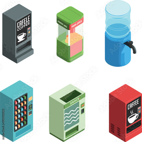 Isometric beverage and snack vending machines set including coffee juice water dispensers modern self service equipment vector illustration