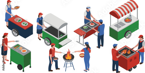 Isometric street food vendors cooking and serving meals from food carts grills and stalls urban outdoor market vector illustration scene