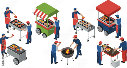 Isometric street food vendors cooking meals on grills and carts outdoor market scene with chefs and stalls vector illustration