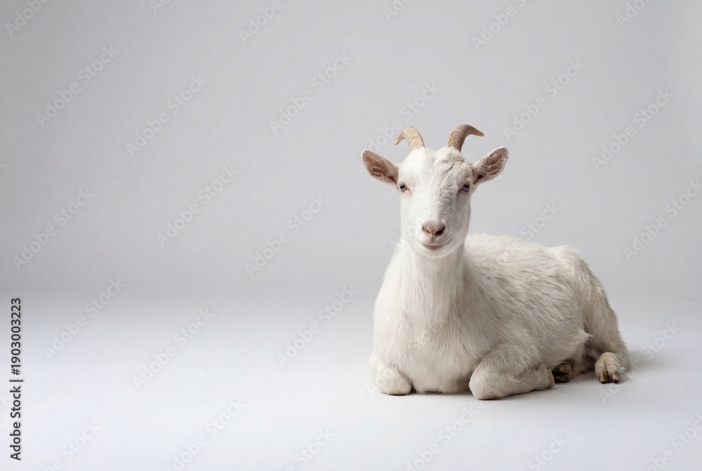 Obraz premium White goat resting calmly in studio setting