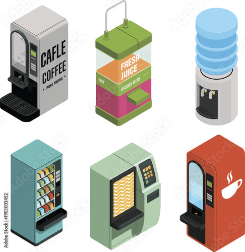 Isometric vending machines set featuring coffee juice water and snack dispensers self service beverage equipment vector illustration for commercial use