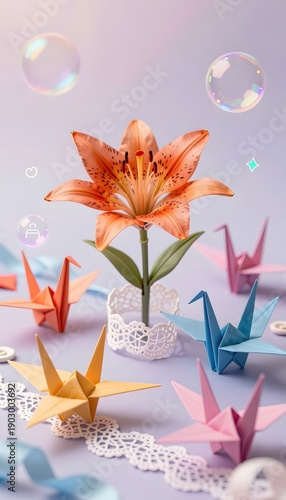Delicate Paper Lily and Origami Cranes Surrounded by Bubbles on a Soft Pastel Background