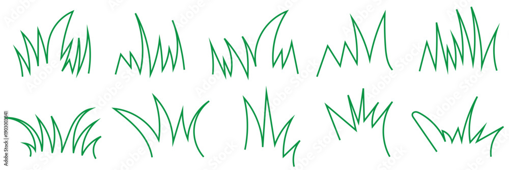 Fototapeta premium Hand Drawn Grass Doodle Vector . Collection of green hand drawn grass sketches and scribbles, simple nature elements isolated on white background for design use. 