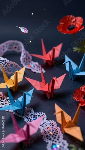 Colorful Origami Cranes and Poppy Flowers Arranged on Delicate Lace Against a Dark Background