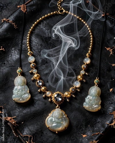 Elegant Jade Buddha Necklace with Gold Accents and Delicate Smoke on Dark Background
