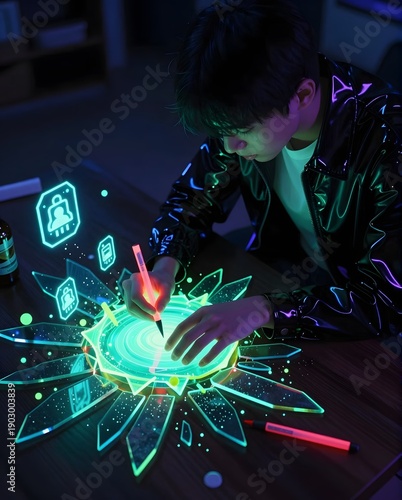 Young Individual Engaging in Creative Digital Illustration with Neon Effects in Modern Workspace