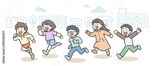 町中を走る小学生の男女グループ