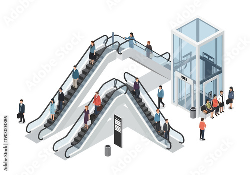 People riding escalators and using elevators in a modern building with multiple levels and transportation systems