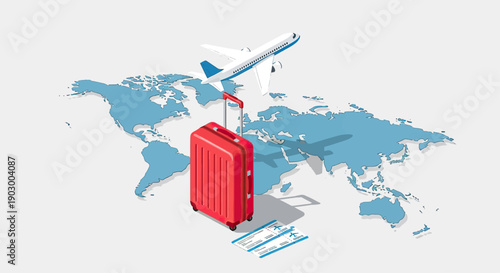 Global Travel Concept with Airplane, Luggage, and World Map.