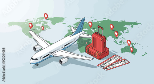 Airplane, luggage, and tickets for global travel adventure.