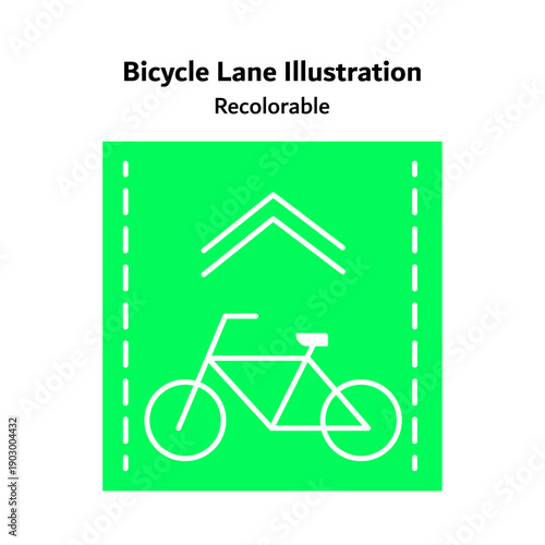 Flat vector icon illustrating a bicycle lane with bike and road markings, representing sustainable urban mobility, cycling infrastructure, and eco-friendly transportation solutions in modern cities.